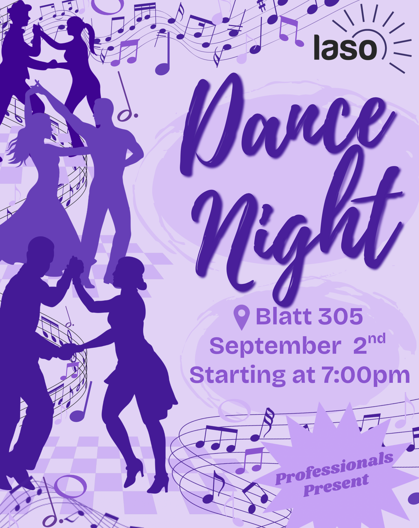 LASO Dance Night poster — Wednesday, September 2nd starting at 7:00 PM in Blatt 305. Professionals present.