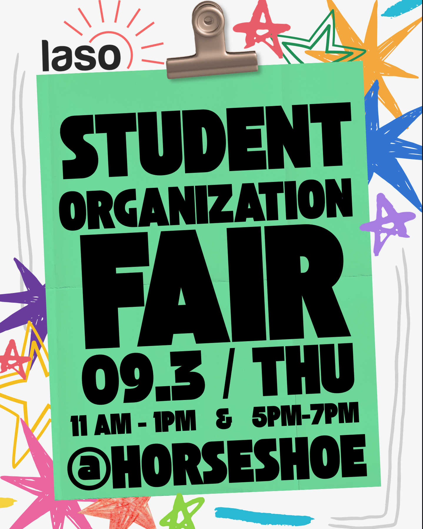 USC Student Organization Fair flyer — Thursday, September 3rd, 11 AM–1 PM and 5–7 PM at the Historic Horseshoe.